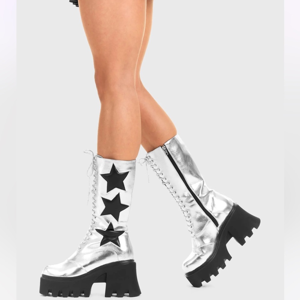 silver calf length platform lace up boots with stars